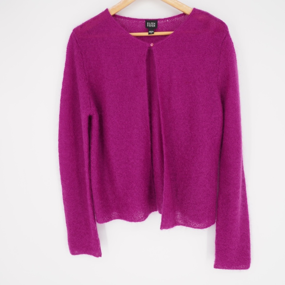 Eileen Fisher Open Front Cardigan Sweater Magenta Purple Sz M Mohair Blend Short